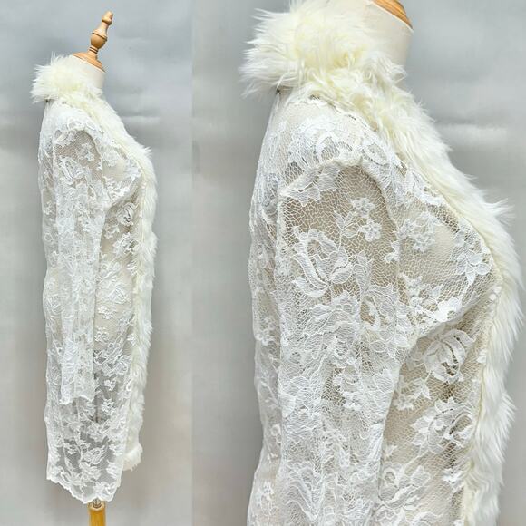 Vintage Y2k Moda International White Lace Duster Faux Fur Trim Sz XS Penny Lane - Picture 3 of 15